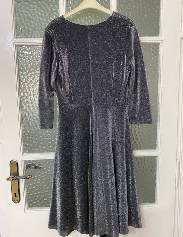 Gri Uzun Kollu Drapeli gece Kadın Elbise - Görsel 3