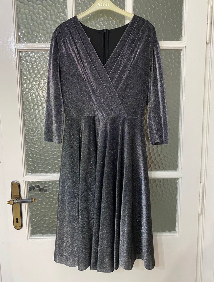 Gri Uzun Kollu Drapeli gece Kadın Elbise - Görsel 2