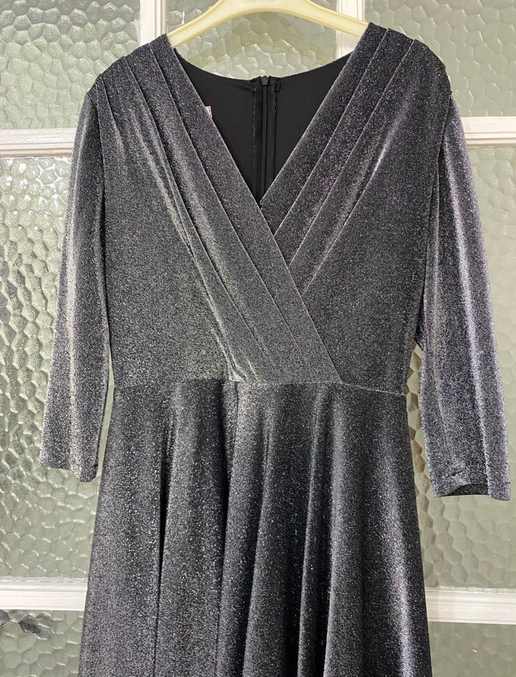 Gri Uzun Kollu Drapeli gece Kadın Elbise - Görsel 5