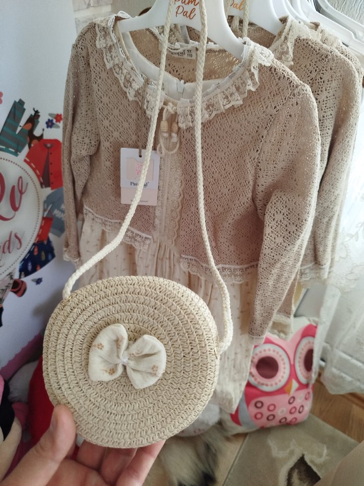 Bej Bohem Nakışlı Örgü Kız Elbise 2 yaş - Görsel 2