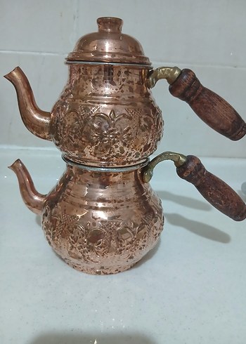 Bakır İşlemeli Parlak Kahverengi Çaydanlık Seti