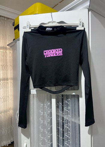 Siyah Baskılı Uzun Kollu Crop Bluz
