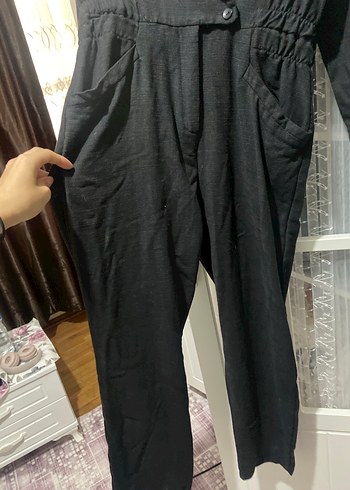 l Beden Düğmeli Siyah uzun kışlık tulum