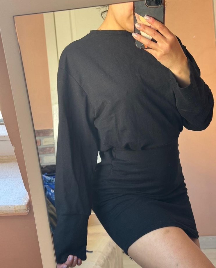 Siyah Midi Kadın Elbise, Uzun Kollu, Dar Kesim - Görsel 3