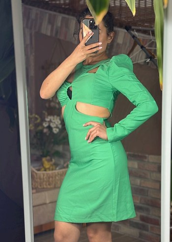 Yeşil Tek Kollu Drapeli Mini Elbise - Görsel 2