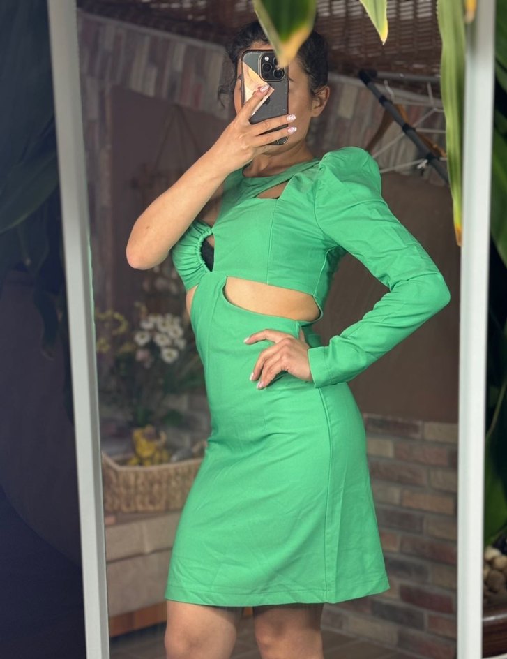 Yeşil Tek Kollu Drapeli Mini Elbise - Görsel 2