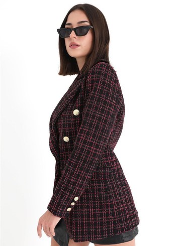 Düğmeli Bordo Kareli Kadın Blazer - Görsel 6