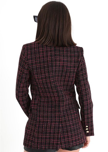 Düğmeli Bordo Kareli Kadın Blazer - Görsel 7