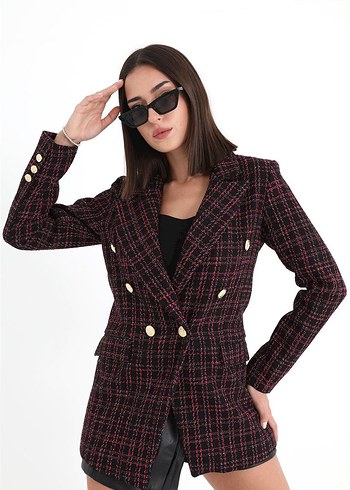 Düğmeli Bordo Kareli Kadın Blazer - Görsel 4
