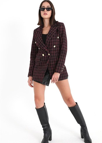 Düğmeli Bordo Kareli Kadın Blazer - Görsel 5