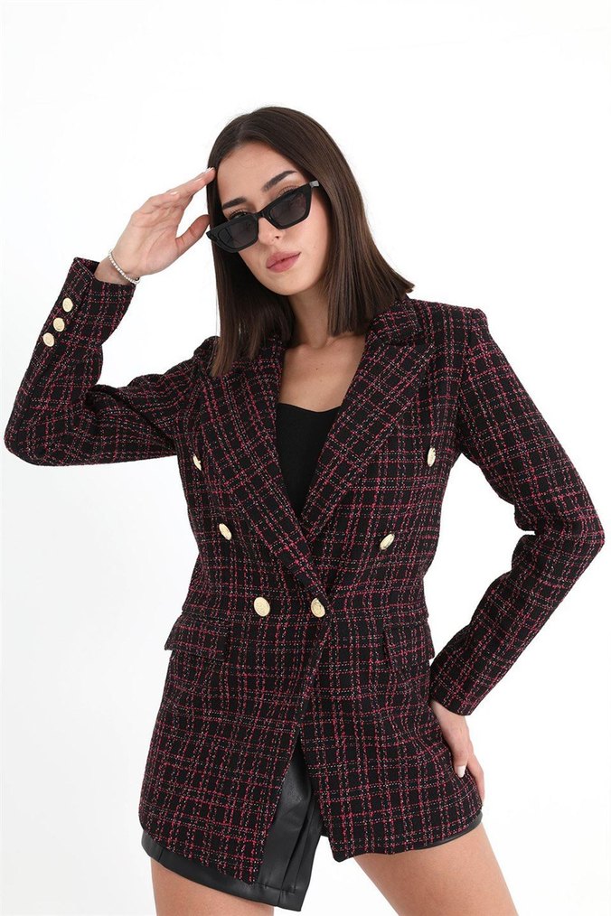 Düğmeli Bordo Kareli Kadın Blazer - Görsel 4