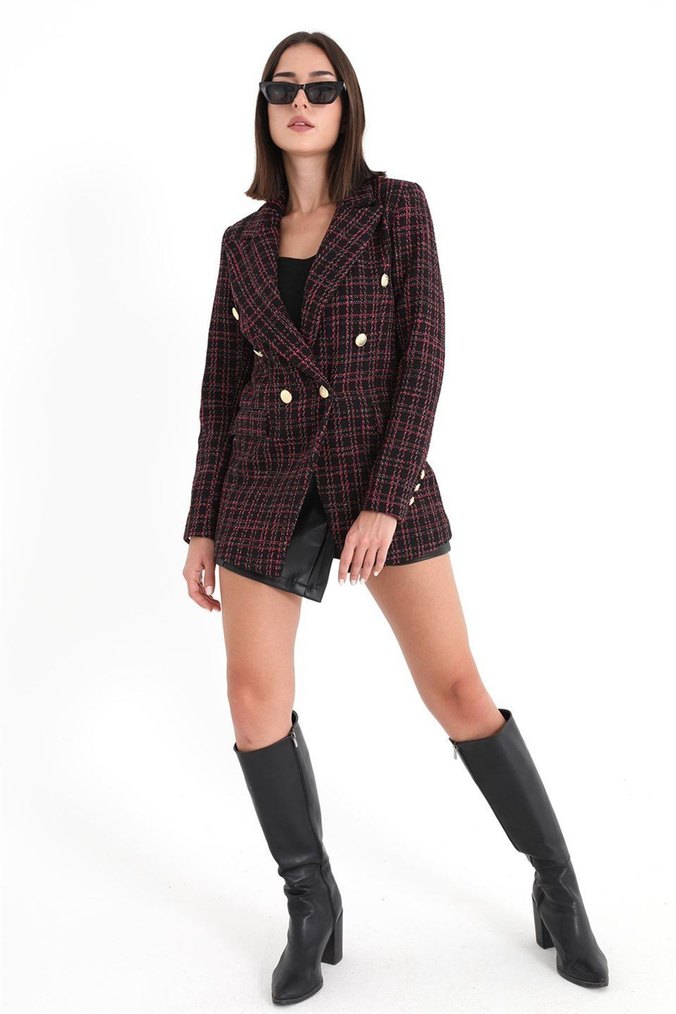 Düğmeli Bordo Kareli Kadın Blazer - Görsel 5