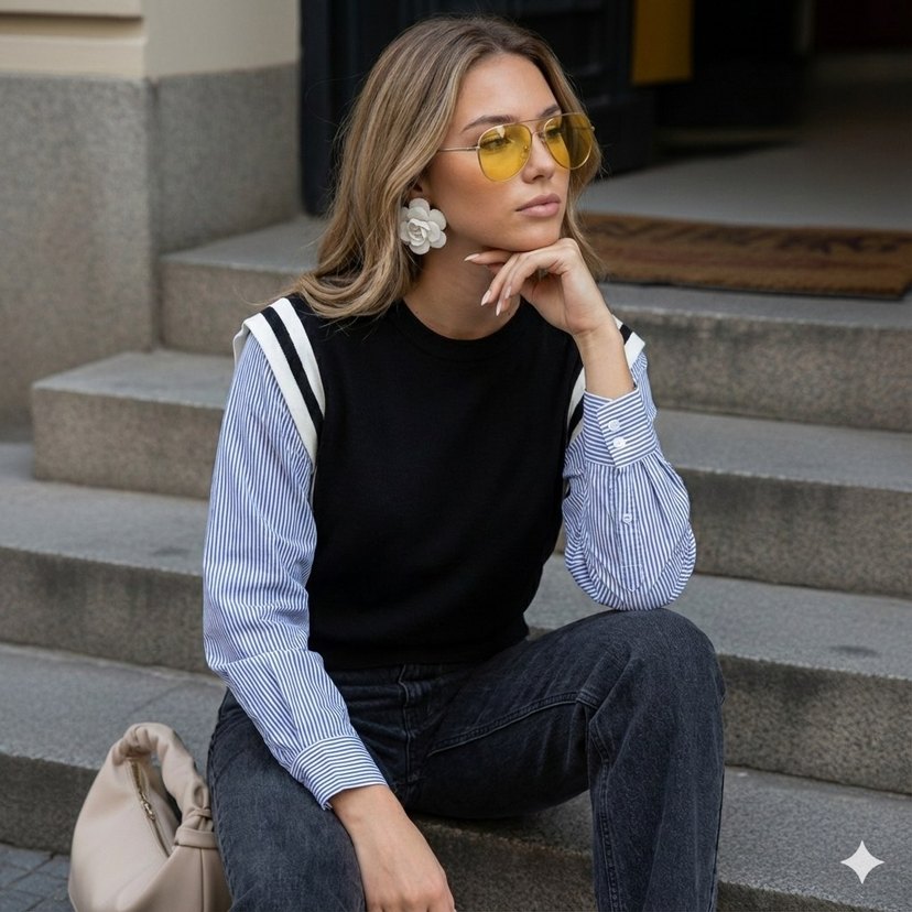 Çizgili Kollu Siyah Crew Neck Sweatshirt - Görsel 3