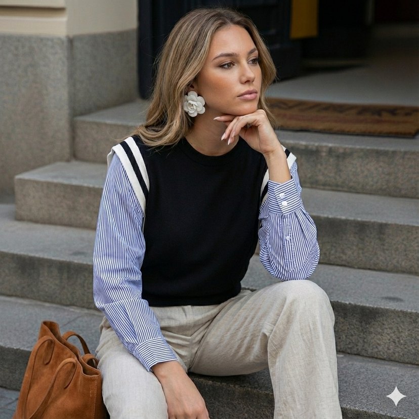 Çizgili Kollu Siyah Crew Neck Sweatshirt - Görsel 2