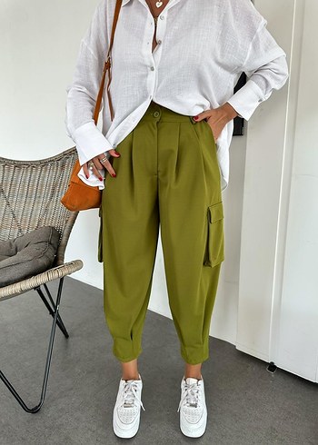 Hafif Haki Kemerli Kadın kargo Pantolon - Görsel 4