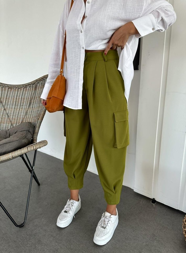 Hafif Haki Kemerli Kadın kargo Pantolon - Görsel 3