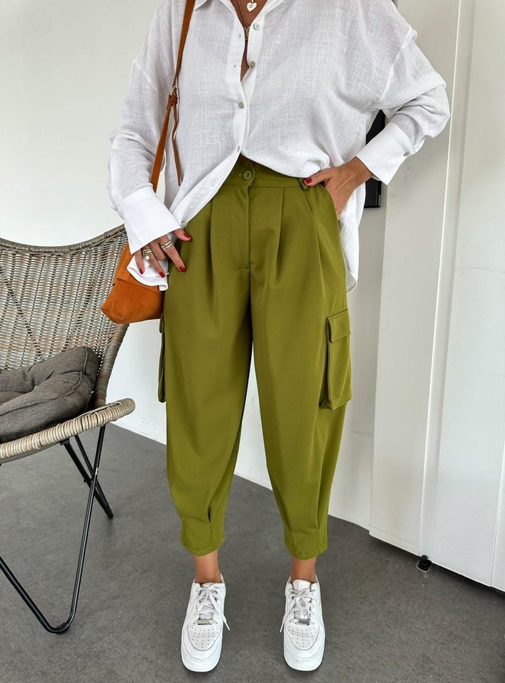 Hafif Haki Kemerli Kadın kargo Pantolon - Görsel 4