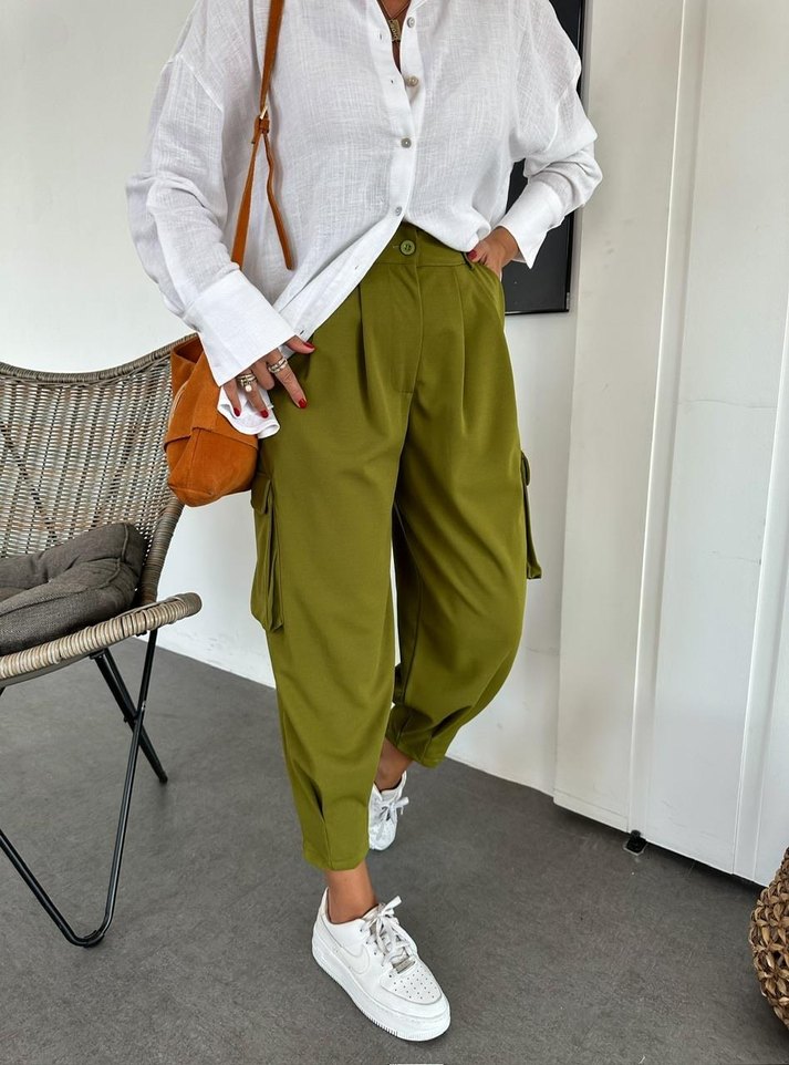 Hafif Haki Kemerli Kadın kargo Pantolon - Görsel 2