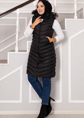 Kürklü Kapüşonlu Siyah Uzun Şişme Yelek - Görsel 2