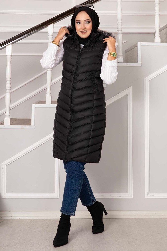 Kürklü Kapüşonlu Siyah Uzun Şişme Yelek - Görsel 4