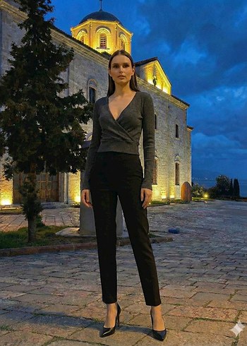 Gri V Yakalı Kemerli Kadın bluz - Görsel 2