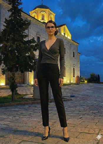 Gri V Yakalı Kemerli Kadın bluz - Görsel 3