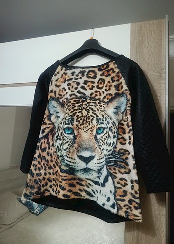 Leopar Desenli Kadın Bluz, Uzun Kollu, Tüylü - Görsel 3