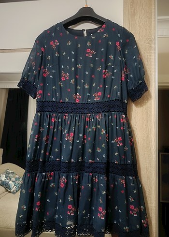 Lacivert Midi Bohem Çiçekli Elbise - Görsel 2