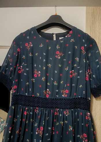 Lacivert Midi Bohem Çiçekli Elbise - Görsel 3