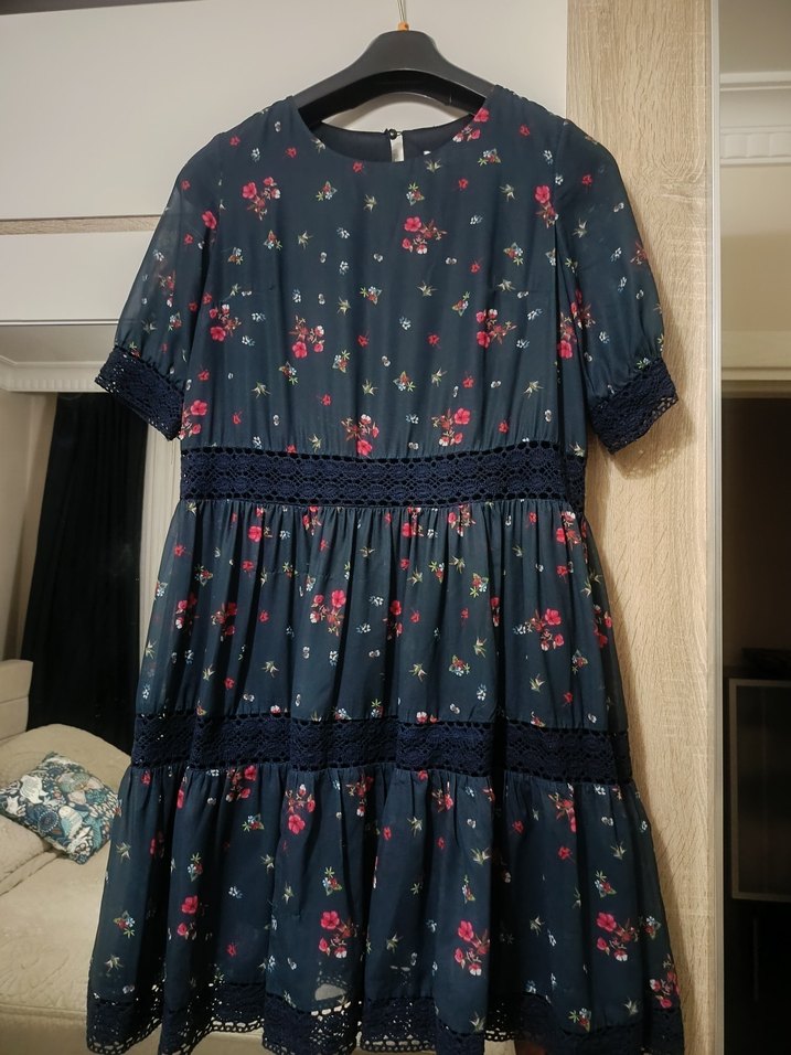 Lacivert Midi Bohem Çiçekli Elbise - Görsel 2