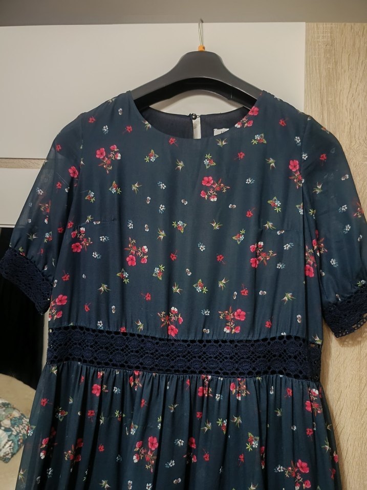 Lacivert Midi Bohem Çiçekli Elbise - Görsel 3