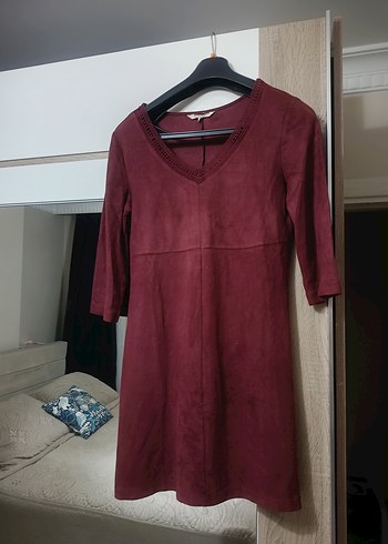 Bordo Süet V Yaka Midi Elbise - Görsel 2