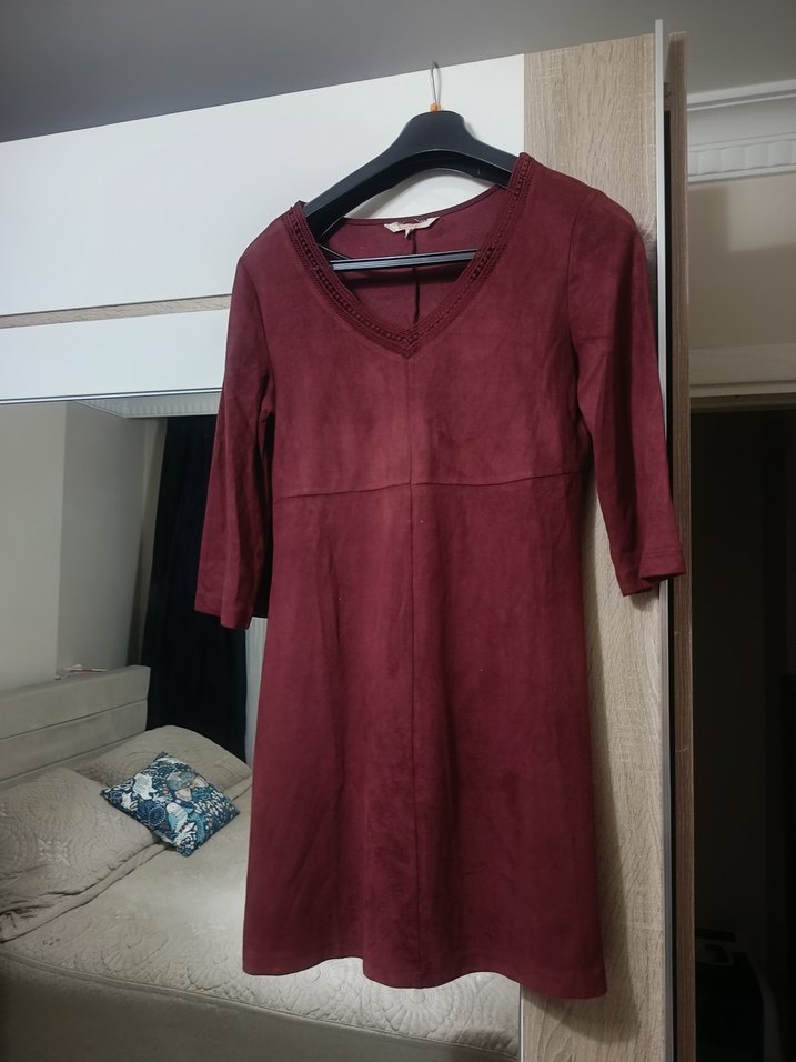 Bordo Süet V Yaka Midi Elbise - Görsel 2