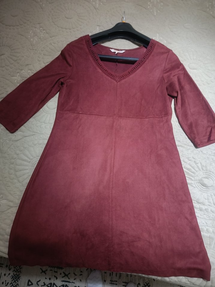 Bordo Süet V Yaka Midi Elbise - Görsel 3