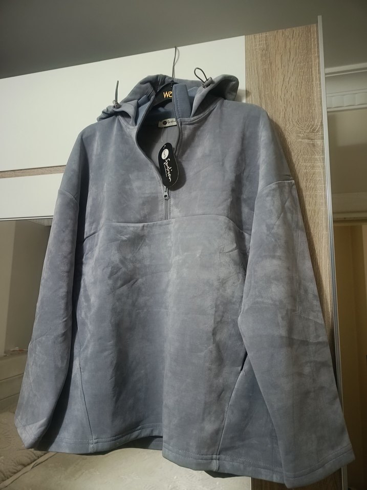 Gri Kapüşonlu Fermuarlı Kadın Sweatshirt - Görsel 2