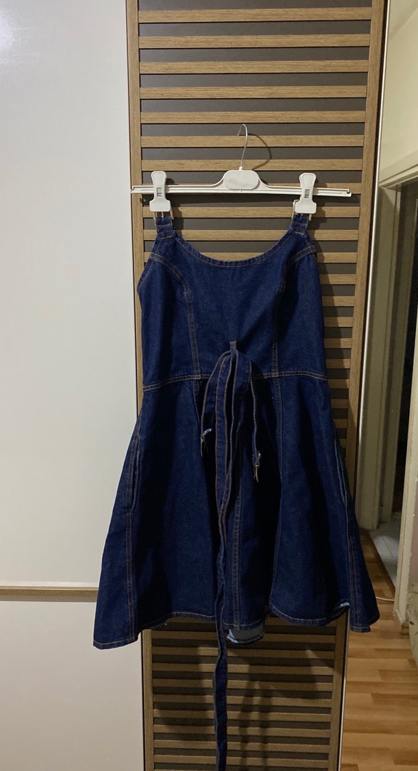 Kadın Lacivert Denim Midi Askılı Tulum - Görsel 3