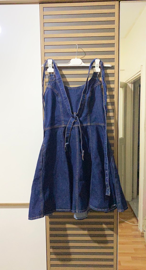 Kadın Lacivert Denim Midi Askılı Tulum - Görsel 5