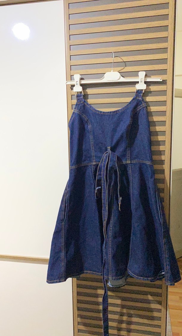 Kadın Lacivert Denim Midi Askılı Tulum - Görsel 4