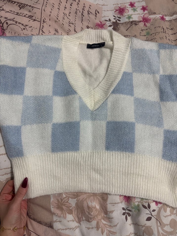 Ekoseli V Yaka Triko Kadın Kazak - Görsel 2