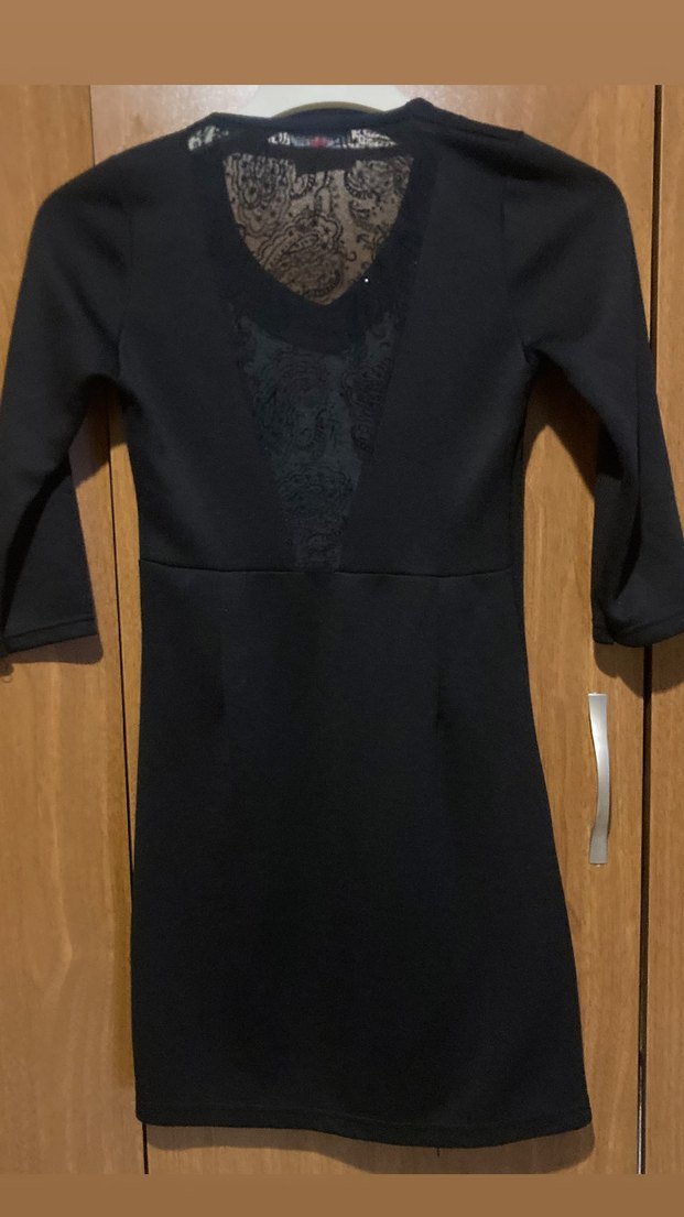 Dantel Detaylı Siyah V Yaka elbise - Görsel 2