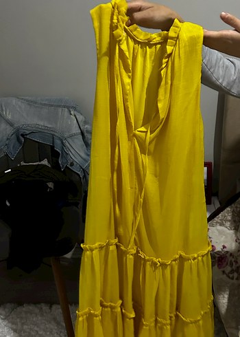 Sarı Midi Boy Volanlı Bohem Elbise - Görsel 3