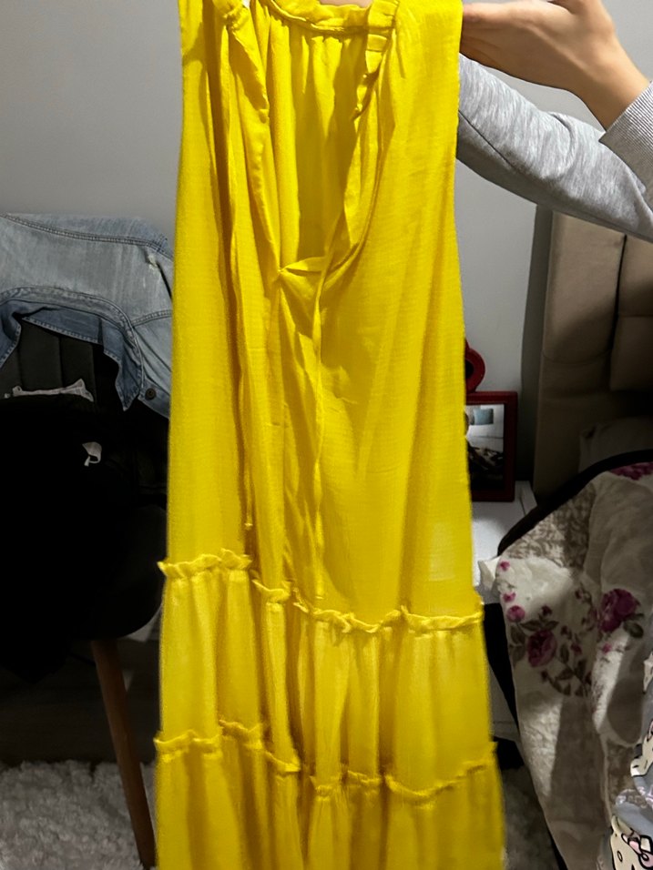 Sarı Midi Boy Volanlı Bohem Elbise - Görsel 2