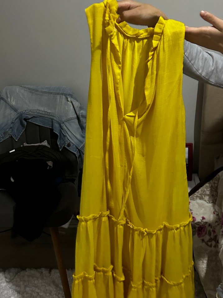 Sarı Midi Boy Volanlı Bohem Elbise - Görsel 3