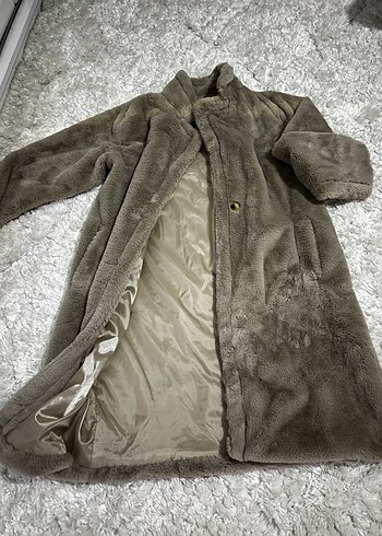 Bej Peluş Detaylı Kadın Midi Kaban - Görsel 5