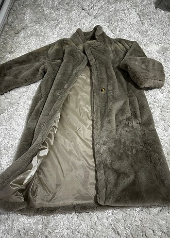 Bej Peluş Detaylı Kadın Midi Kaban - Görsel 7