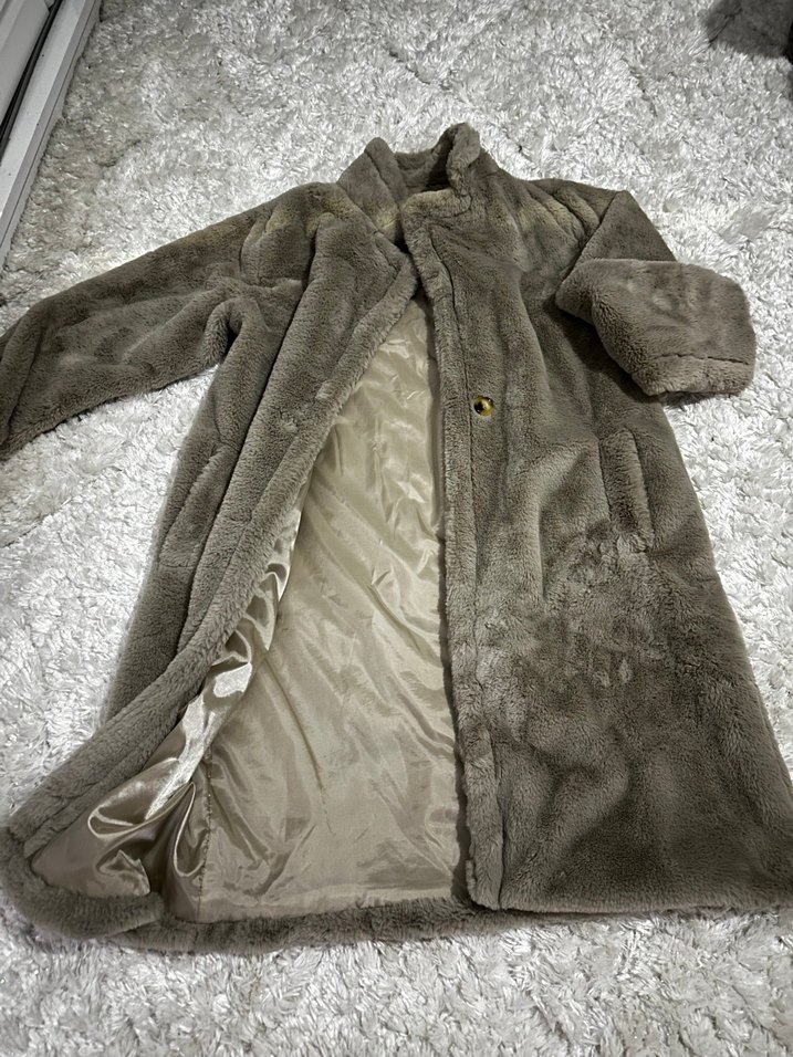 Bej Peluş Detaylı Kadın Midi Kaban - Görsel 5