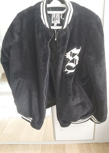 Siyah Kadın Peluş Ceket Baskılı - Görsel 3