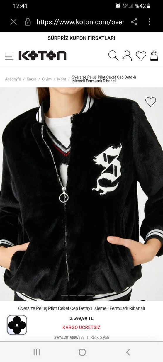 Siyah Kadın Peluş Ceket Baskılı - Görsel 2