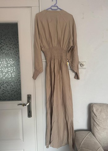 Bej Düğmeli Kadın Keten Uzun Elbise - Görsel 2