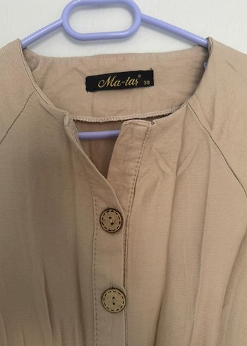 Bej Düğmeli Kadın Keten Uzun Elbise - Görsel 3